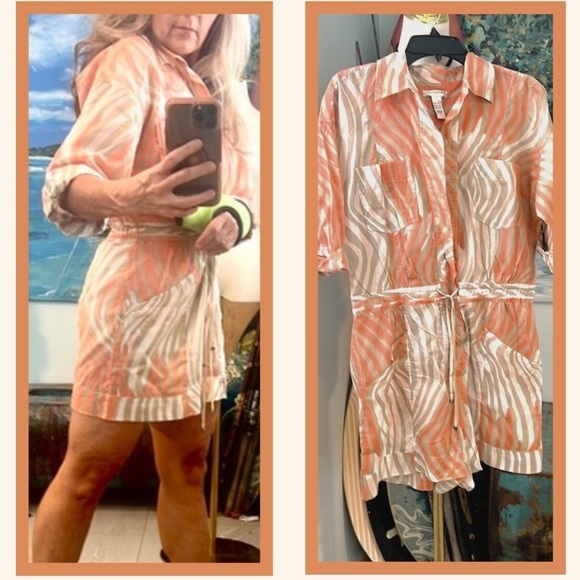 Diane von Furstenberg (DVF),Soleil Coral Wave Print,Cotton Romper,Size Large - Picture 7 of 12